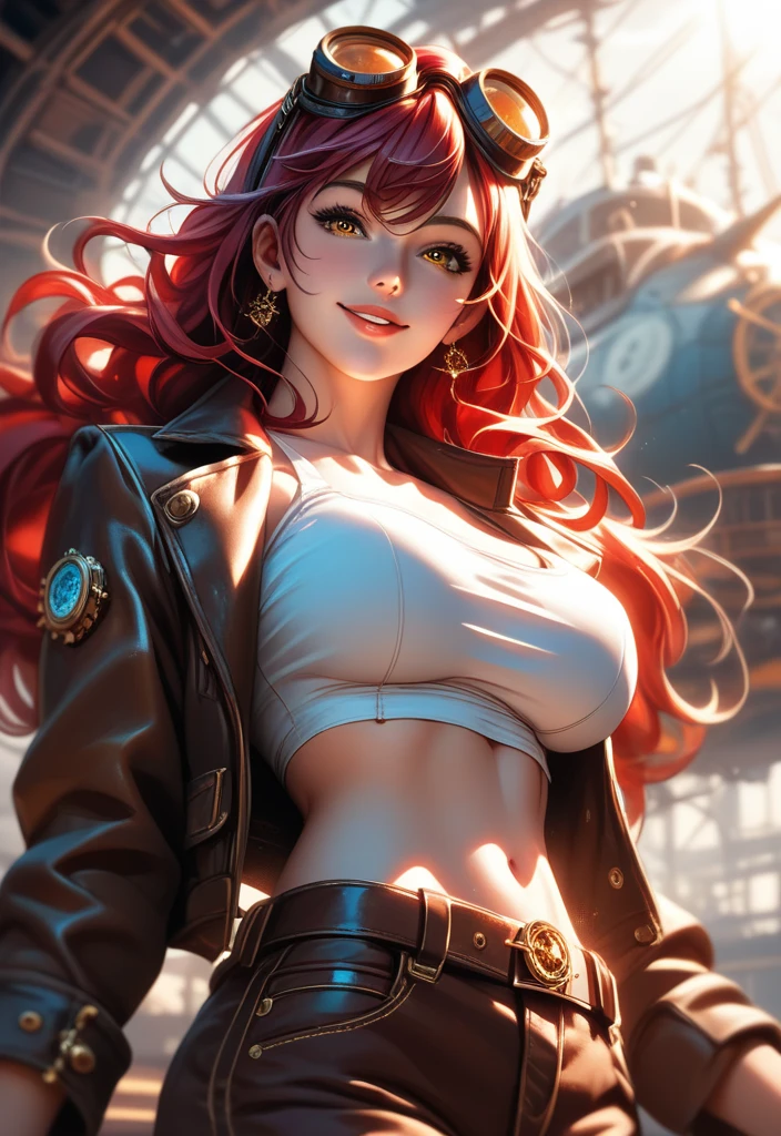Beautiful woman, red hair, yellow eyes, large perfect snoopy breast,(torn blouse) cleavage, highly detailed, brown jacket,, vintage, dark fantasy, cowgirl, western style, headphones,, closeup portrait,