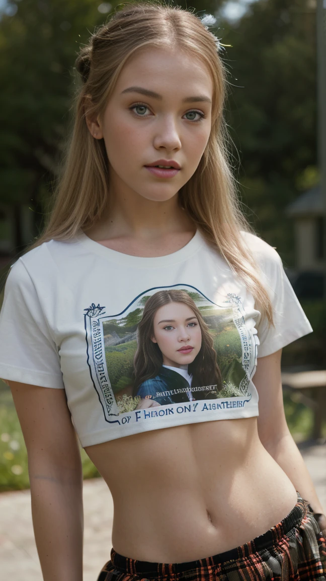 16 year old pre-teen, European, Blonde, Small breasts, Big eyes, close-up on breasts, t-shirt, powder puff tights, backpack, Ray Tracing, HDR