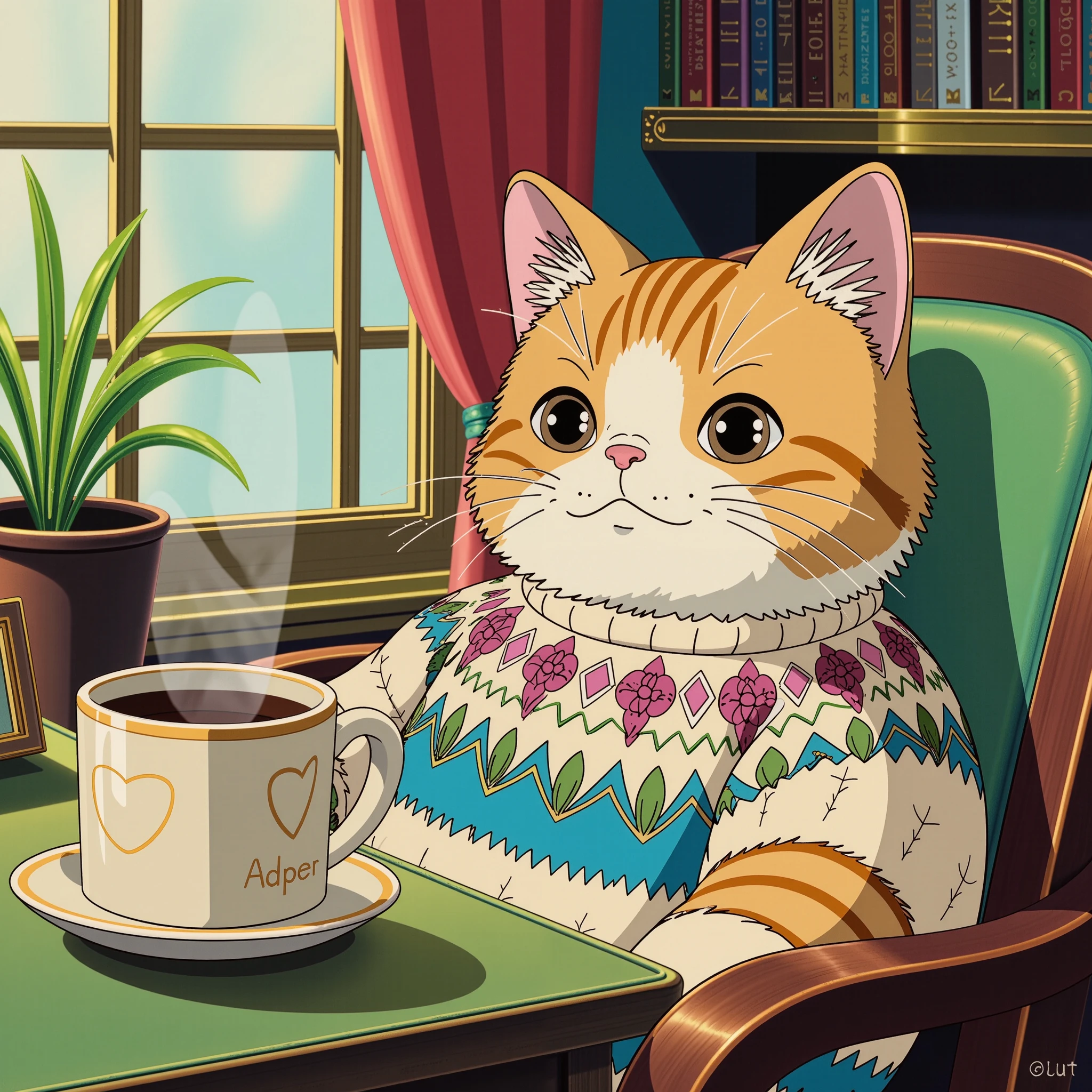 A drawing of a cute cat in his tiny home, he's drinking coffee and is wearing a cute embroidered wool sweater, with well-defined lines. Sanrio style, 70's kawaii