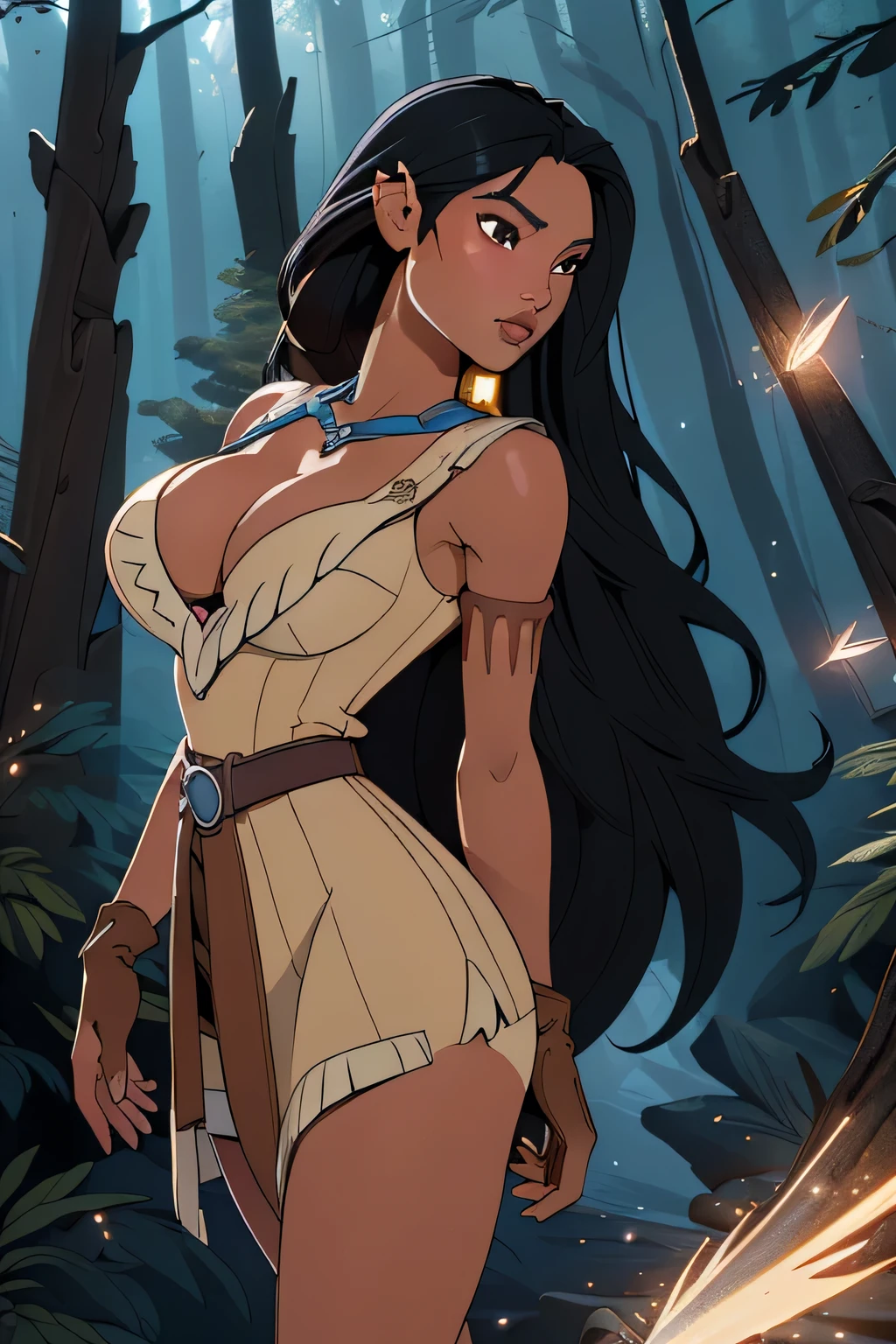 1girl in, age18, Pocahontas Waifu, photo of perfect woman, miniature ferry, Solo, Aesthetic artwork, (long hair, very long straight black hair:1.25), (clear skin, tanned skin, large breasts, DD-cup, runners body, very thin waist, skinny, petite, detailed skin texture), (cleavage, focus on breasts:1.2), ((Arch back, Fantasy style, Fantasy environment, fairy, wings, long leather dress, leather belt, brown leather gloves, brown leather boots, holding a sword, landscape of a beautiful forest (extremely detailed 8k wallpaper), soft lighting, high quality, film grain, Fujifilm XT3 sharp focus, f 5.6, 50mm, High Detail, Sharp focus, (natural light), crazy details, complex details, hyper detailed. (cowboy photo:1.2), light particles, sfw