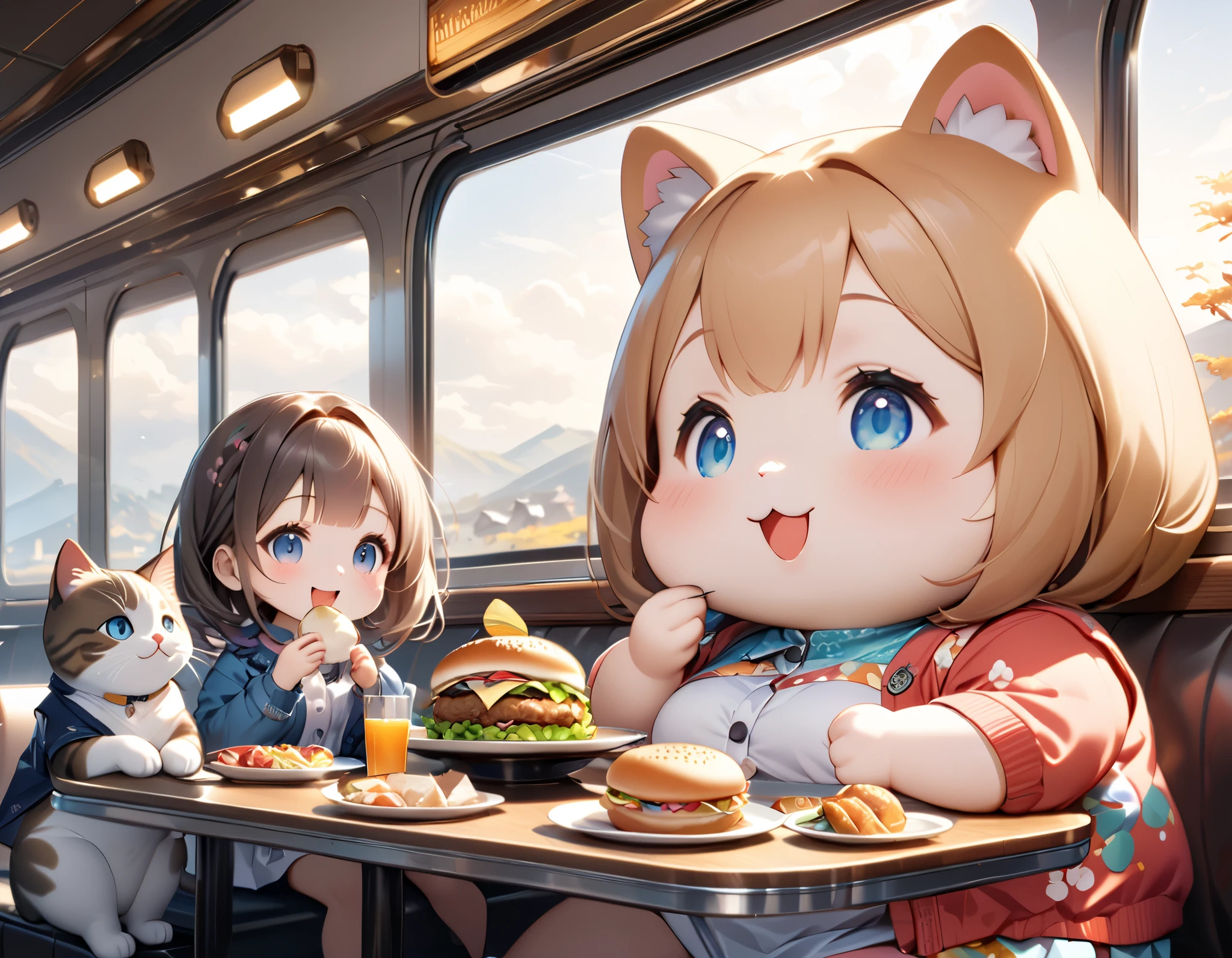 (masterpiece), (ultra-detailed:1.3), best quality, clear focus, dramatic scene, cinematic, shadow, (ultra-high resolution:1.3), (8k:1.3), perfect anatomy, perfect face, (detailed face), (detailed eye:1.2), (chibi:1.2), cute Japanese chibi girl, famous Japanese chibi idol, very beautiful and cute and cool face, (wearing a very cute decorated casual wear with cool blouson:1.2), casual boots, (large breasts), (She is having a meal with a family of giant fat cats in the traditional Japanese styled gorgeous dining car of a high-speed train :1.3), (a family of giant fat cats is sitting down to eat and mewing:1.3), many plate of gorgeous hamburger set lunch is on the table, they look so happy, happy smile, peaceful atmosphere, Giant fat cat families consist of fine parent cats and cute kittens
