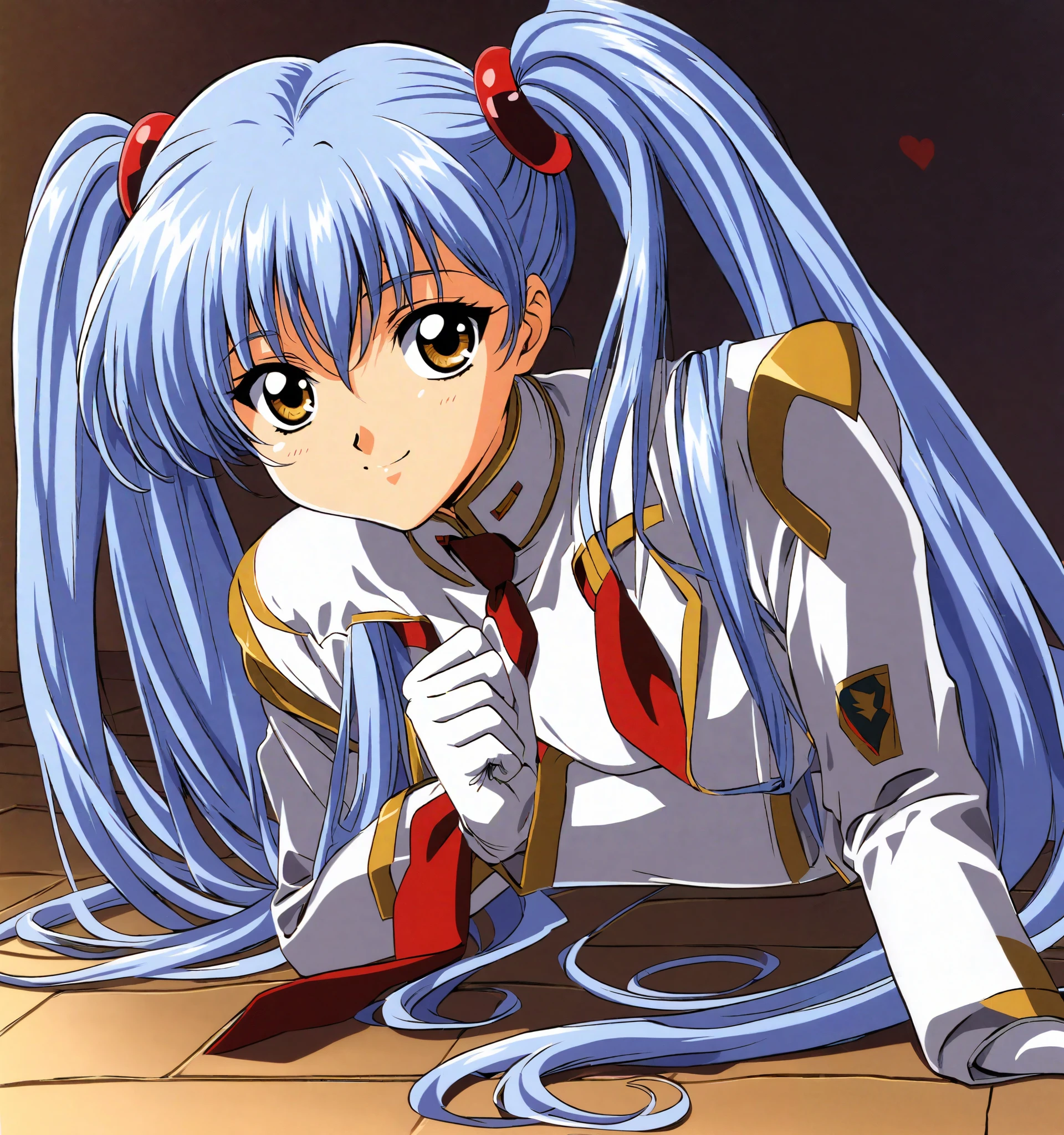 Goto Keiji Kaze ,
Hoshino Ruri , white uniform, 1 girl,Alone, twin tails, gloves,1990s \( style\),heart, long hair, yellow eyes,  long sleeve ,retro art style,  White Background , simple background,white  gloves, brown eyes, light blue hair, stares at viewers, along the floor ,A faint smile, red tie, hair straightening ,

