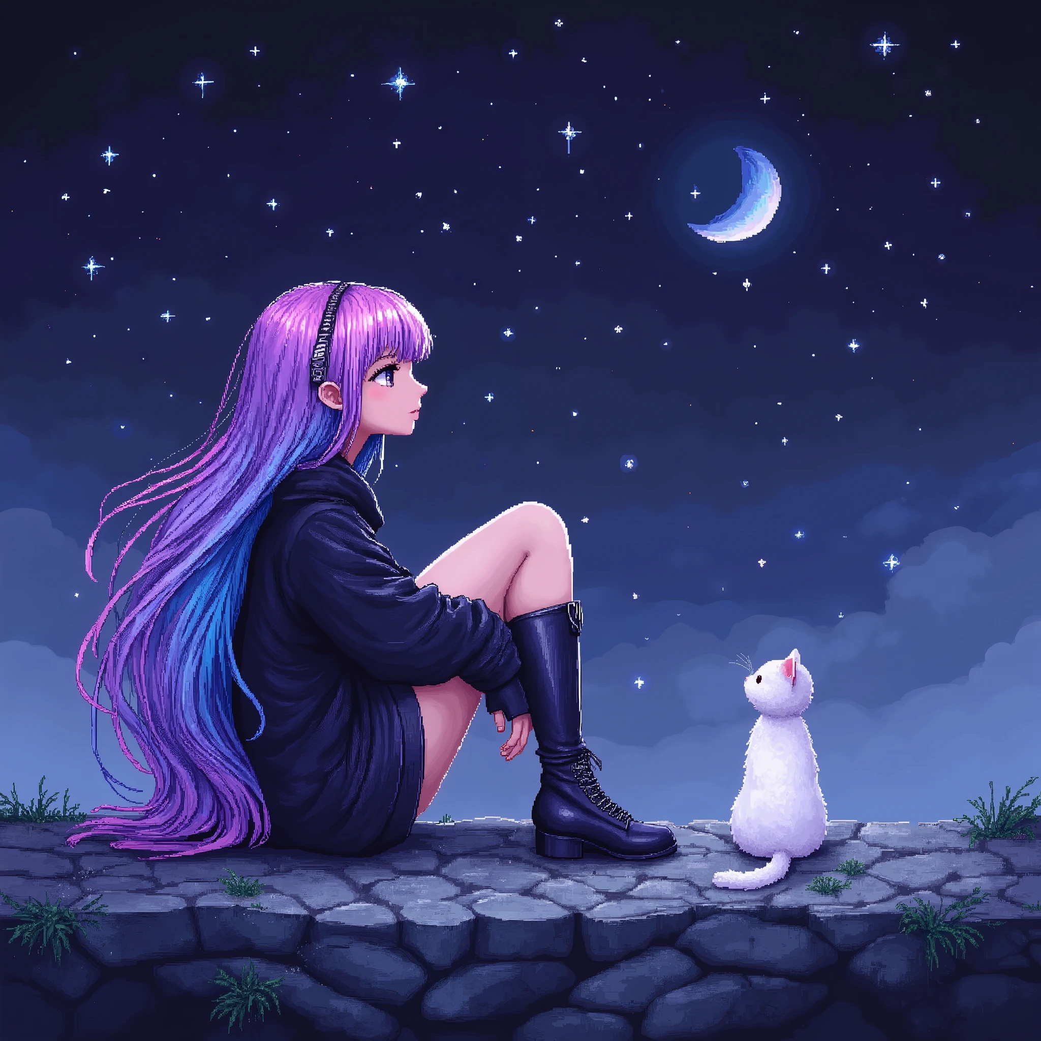 Pixel art curvy girl, goth aesthetic. Purple ombre turquoise hair. 1 white cat. Moon. detailed Starry sky. Night time. Long Hair, Hair Clip, Best Quality, High Resolution, side parting hair. black hoody. Black skirt. thigh high socks, boots, Sitting, high detail, hair clip, sparkles