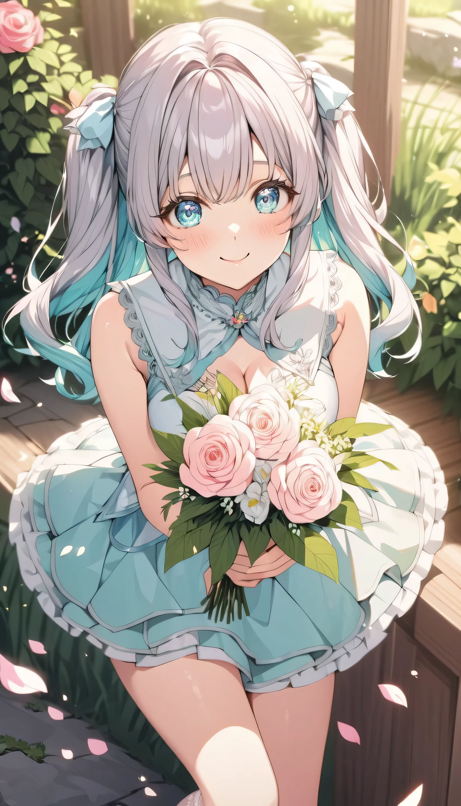 Beautiful girl with white hair, Lying flat in the Flower Field, Red spider lily，Flower Field，out-of-door, Photos taken from the air，Very delicate lace, best quality, 8k, Very detailed, High Detail, masterpiece