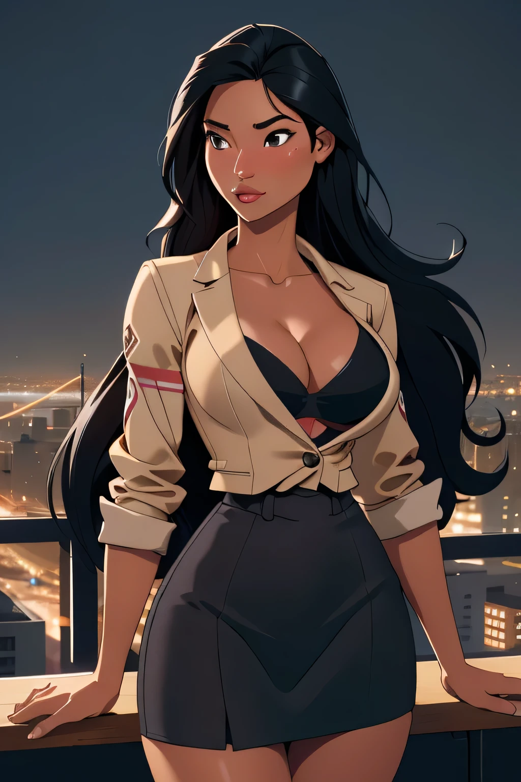 1girl in, 18, Pocahontas Waifu, photo of perfect woman, miniature ferry, Solo, Aesthetic artwork, (long hair, very long straight black hair:1.25), (clear skin, tanned skin, large breasts, DD-cup, runners body, very thin waist, skinny, petite, detailed skin texture), (cleavage, focus on breasts:1.2), She wears Businesswoman style clothes, fitted grey blazer, open unbuttoned blazer, exposed breasts, no undershirt, NSFW, ribbon, stockings, pencil skirt: 1.2), high school classroom, overlooking the city, (extremely detailed 8k wallpaper), soft lighting, high quality, film grain, Fujifilm XT3 sharp focus, f 5.6, 50mm, High Detail, Sharp focus, (natural light), crazy details, complex details, hyper detailed. (cowboy photo:1.2), light particles, sfw