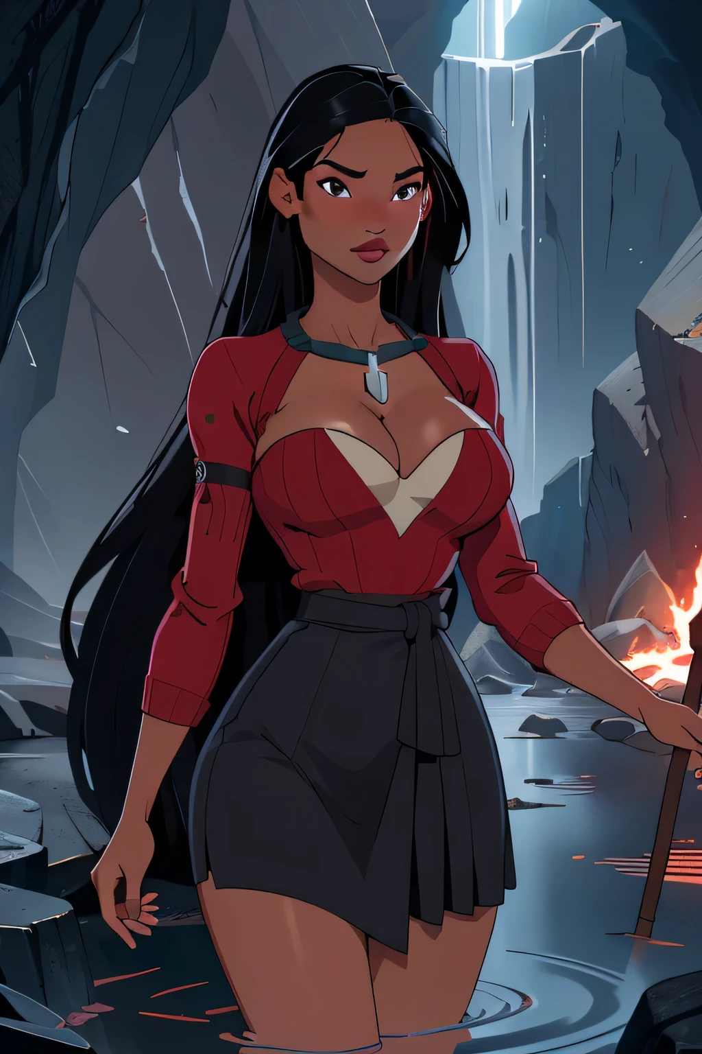 1girl in, 18, Pocahontas Waifu, photo of perfect woman, miniature ferry, Solo, Aesthetic artwork, (long hair, very long straight black hair:1.25), (clear skin, tanned skin, large breasts, DD-cup, runners body, very thin waist, skinny, petite, detailed skin texture), (cleavage, focus on breasts:1.2), (wearing black ribbon, red sweater, black skirt, cross necklace, in a scary flooded cavern, scared look), (extremely detailed 8k wallpaper), soft lighting, high quality, film grain, Fujifilm XT3 sharp focus, f 5.6, 50mm, High Detail, Sharp focus, (natural light), crazy details, complex details, hyper detailed. (cowboy photo:1.2), light particles, sfw