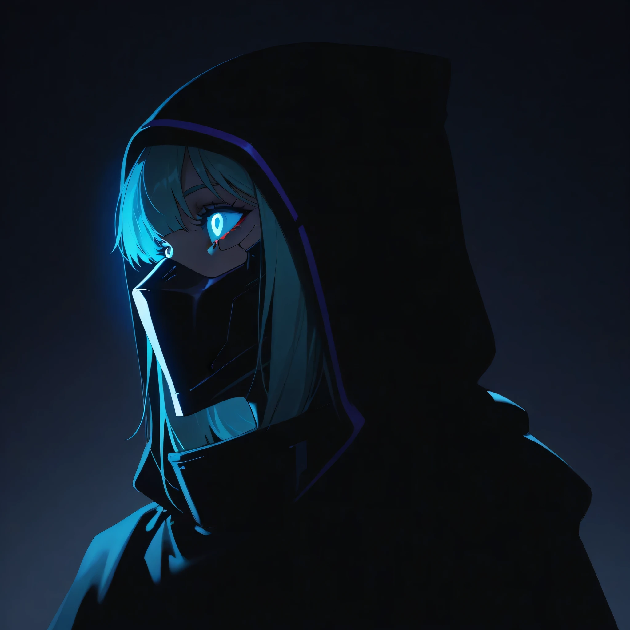 "Um personagem Mysterious e poderoso com um design futurista cyberpunk, a dark figure in dark armor with bright neon accents in purple and blue . The character has glowing eyes , with a hood or mask partially covering his face , adding an aura of mystery . The costume is elegant, minimalist and high-tech , with bright lines and sharp angles that evoke a sense of advanced technology and power. The background is dark and dark , with subtle futuristic elements , such as digital patterns or glowing symbols . The character's posture is confident , in a dark environment , with high-contrast lighting that highlights his face and silhouette , perfect for a YouTube profile image . tons escuros, Mysterious, strong presence, dramatic lighting ."