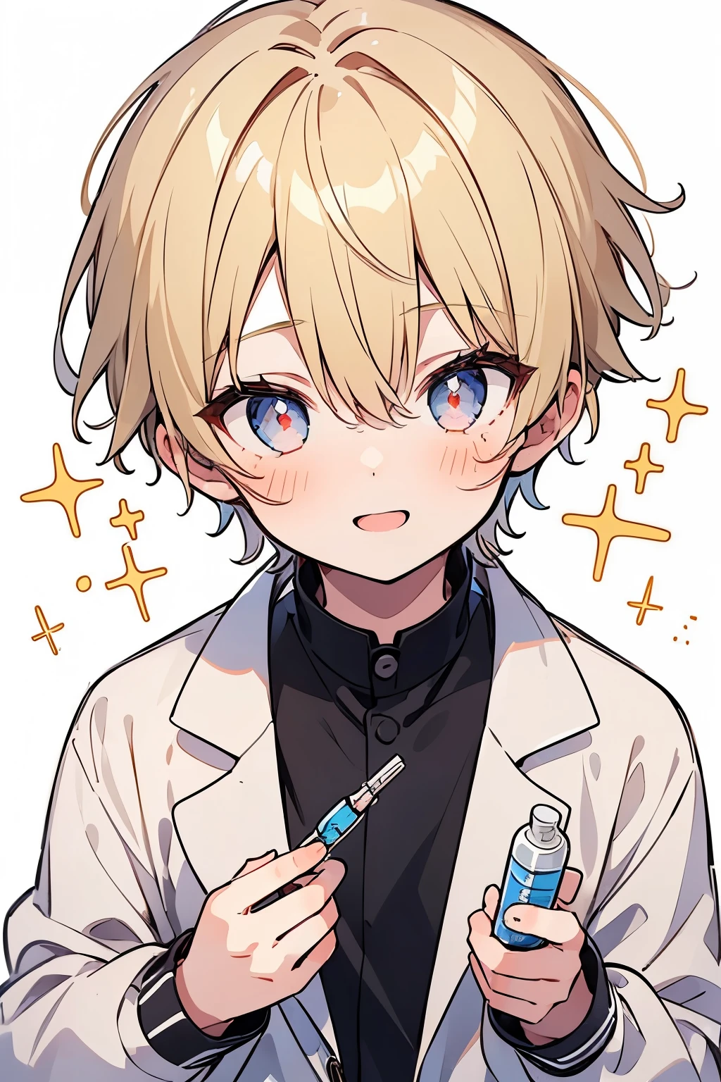 ((1-boy :1.5)),blonde hair,(very short hair:1.0),braid hair,(odd-eyes:0.85),((Kirakira eyes :1.0)),Excited expression,Expectations are at their peak,(Top view angle:1.0),looking at viewer,(( forward:1.0)),close up Face,💊,(Many medicine mark:1.0)