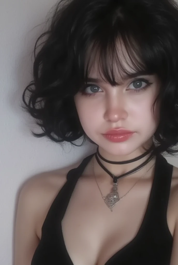 arafed woman in a white tank top taking a selfie in a bathroom, with short hair with bangs, with short hair, french bob, french bob hair, yelena belova, portrait sophie mudd, she has black hair with bangs, anastasia ovchinnikova, whitebangsblackhair, with bangs, short black hair with bangs