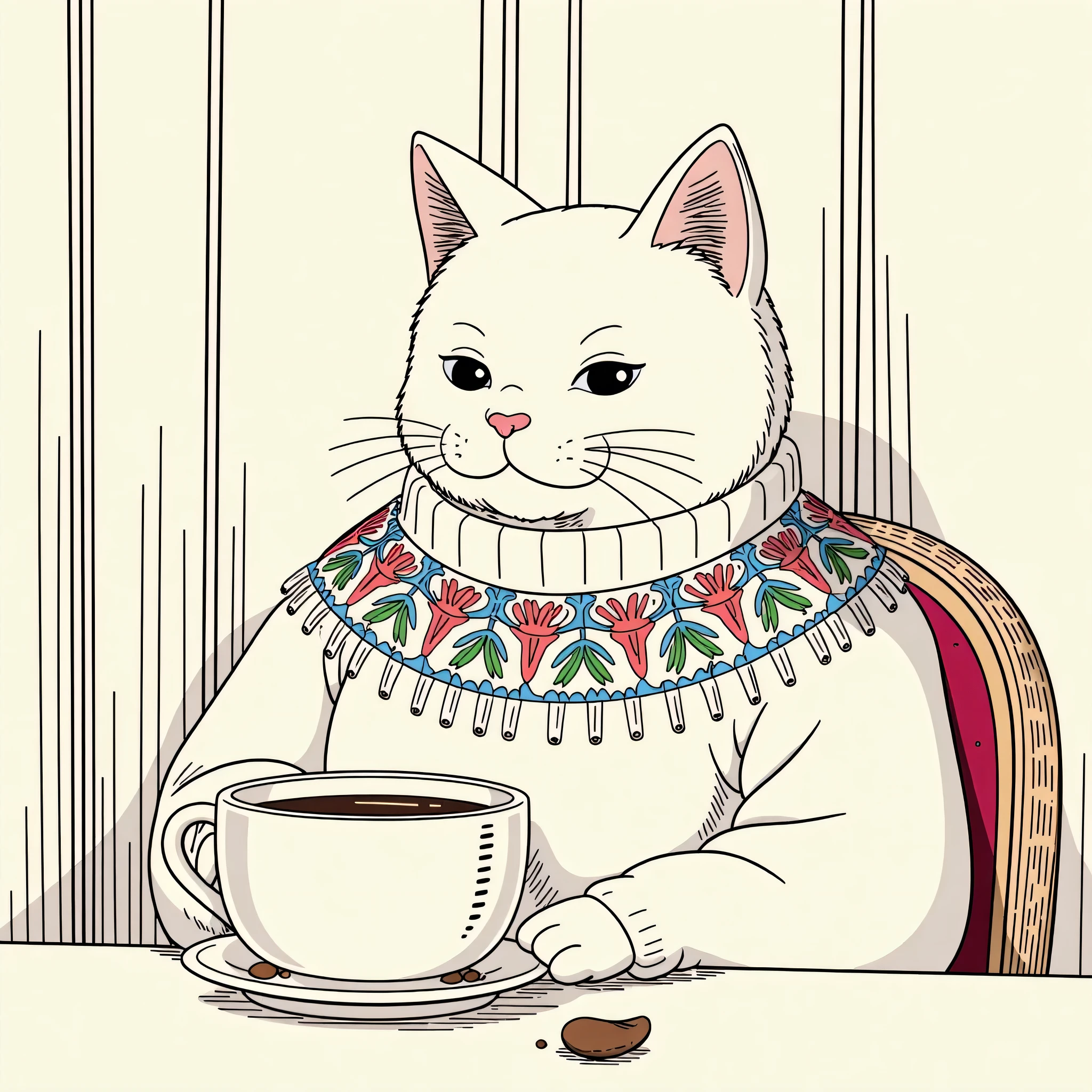 A line-art drawing of a cute cat in his tiny home, he's drinking coffee and is wearing a cute embroidered wool sweater, with well-defined lines. Sanrio style, 70's kawaii 
