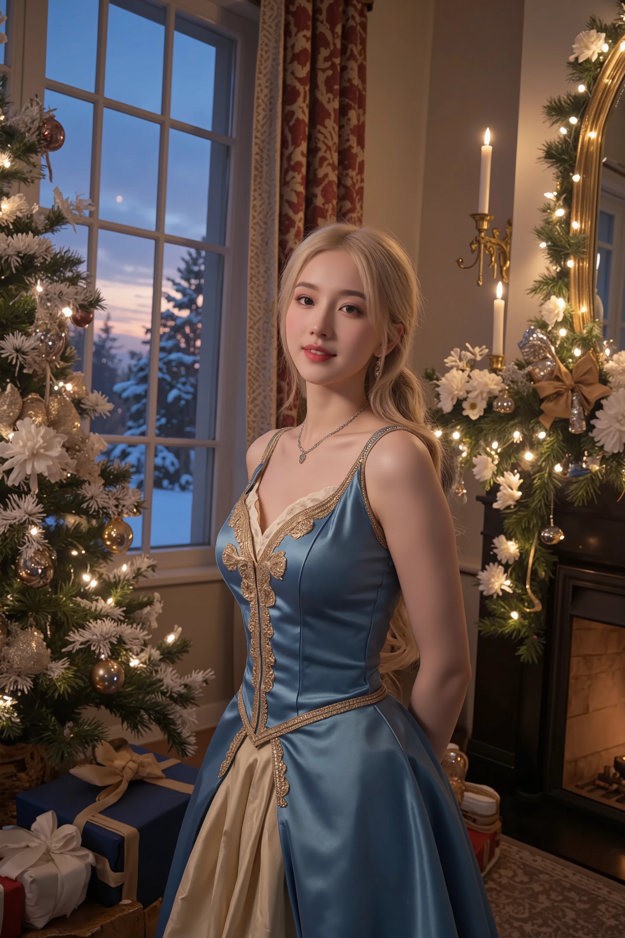 8k, photo, a gorgeous princess, cute smile, blush, braided blond hair, standing beside a christmas tree, hands behind back, facing viewer, blue and gold gown, flowers, jewelry, fireplace, a huge window with view to a snowy landscape outside, gifts under christmas tree, sunset, masterpiece, dynamic, highly detailed, smooth, sharp focus, intricate details, shallow depth of field, high budget, cinematic lighting, happy, epic 