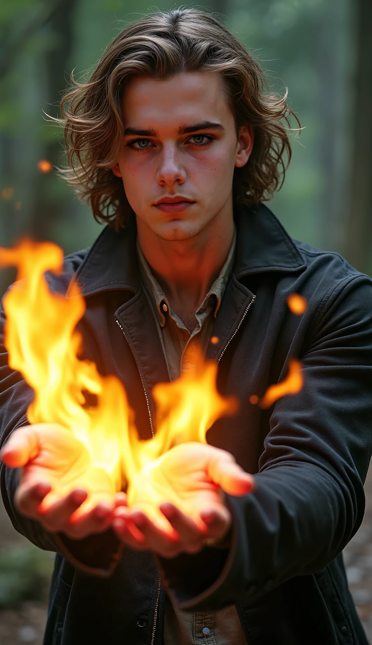 Create a picture of a teenager but looking a little bit older boy with dark ginger hair and dark honey color eyes controlling fire with his hand