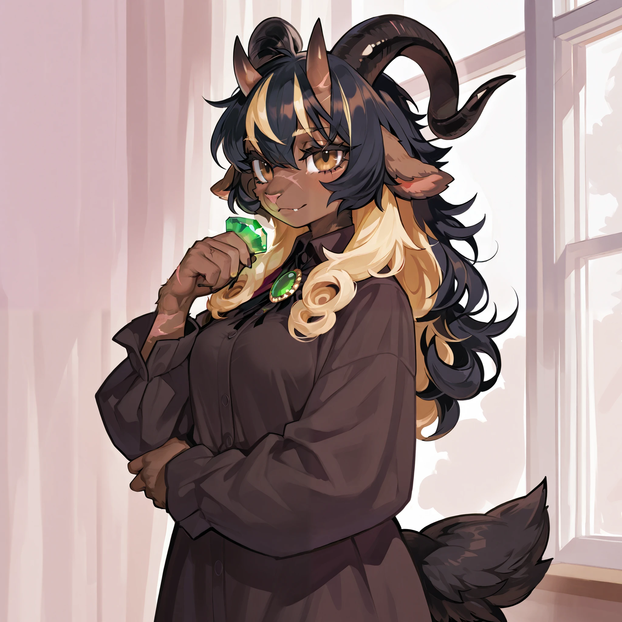 A satyr woman with short horns curly long black hair with blonde streaks brown skin brown eyes with thick long lashes scars goat features curly fur goat tail decorated with crystals solo, in college.