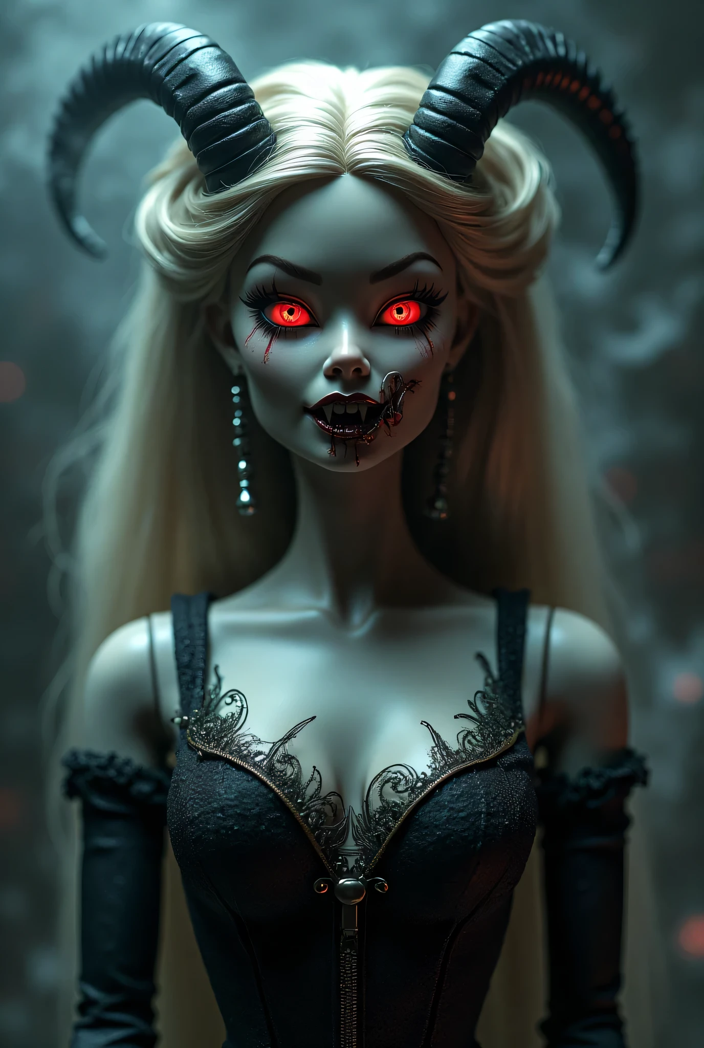 there is a woman with a red dress and a black background, with red glowing eyes, female vampire, with glowing red eyes, red glowing eyes, supermodel in silent hill, vampire the masquerade, eternal darkness, red eyes glowing, lilith, darksynth character portrait, glowing-eyes-and-mouth, glowing red eyes, androgynous vampire, vampire girl