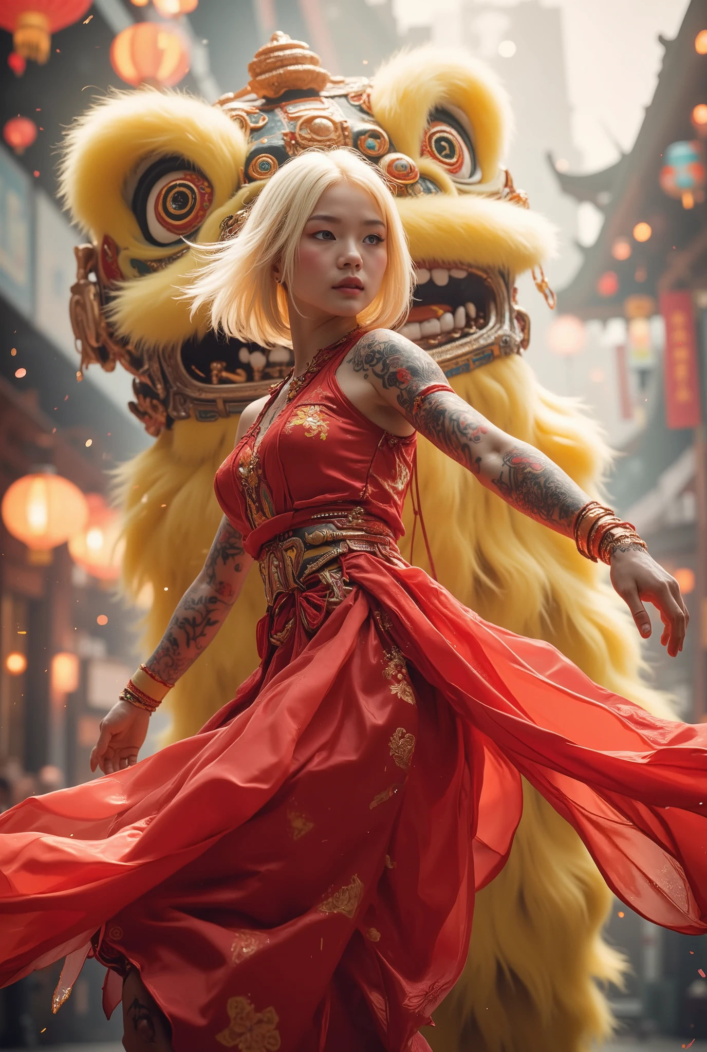 "A hyper-realistic, vibrant daytime festival scene featuring a beautiful young Asian sexy woman dancing gracefully in an elegant, flowing traditional outfit with golden bob hair and color tattoos on her arms. She wears an exquisitely embroidered red kimono designed with intricate patterns, featuring flowing fabrics that enhance the fluidity of her movements. The background showcases a majestic lion dance costume surrounded by natural daylight, soft drifting smoke, warm glowing lights, red sparkling confetti, and exquisitely decorated lanterns. The physics-based rendering captures the motion and realism of her dance, with the soft lighting and detailed environment adding depth to the magical and lively atmosphere."perfect breasts,perfect fingers.