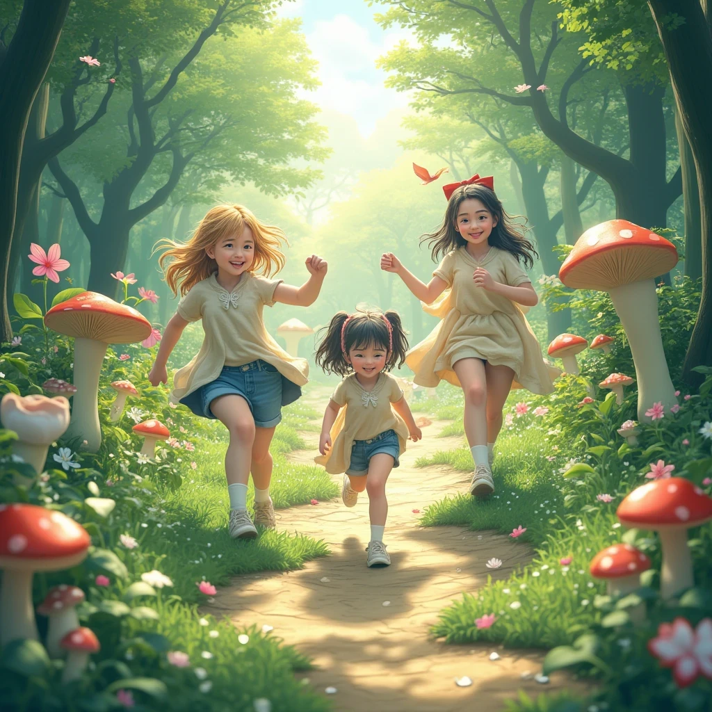 Vision, (three tas: 2) Stable diffusion is the best image quality, morning sunshine, spring scenery, dew and flowers, flying hair, living in a dreamland of mushrooms and fairy tales, traveling, running, and laughing. forest path