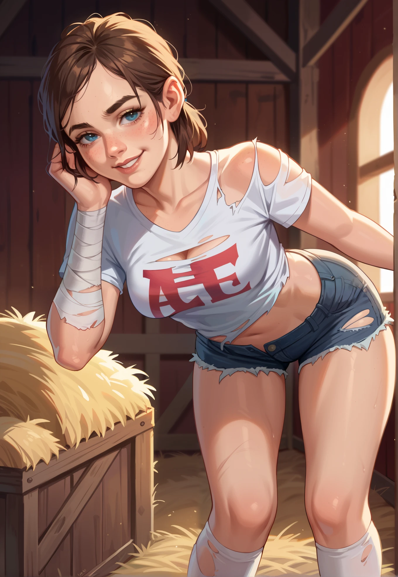 1girl, Ellie, the last of us, smug, torn red t-shirt, torn shorts, thigh high socks, bent over, bandages, sexy pose, BREAK, night time, barn, mountain cottage, cinematic lighting,