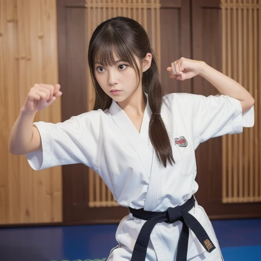 A woman practicing karate, wearing a karate uniform, is depicted from the front performing a seikentsuki punch. Her body is straight from head to knees, expressing strength and concentration. The dojo mat and bamboo walls in the background create a simple yet immersive space. The light is soft, and the white of her karate uniform contrasts with the wooden background. Subtle movement effects are added around her to emphasize the sense of movement. A high-resolution digital illustration with an art style that emphasizes realistic details, ((masterpiece)), ((best quality)), (ultra-detailed), ((beautiful eyes)), Japanese female, (slender:1.3), ((30 years old)), beautiful,