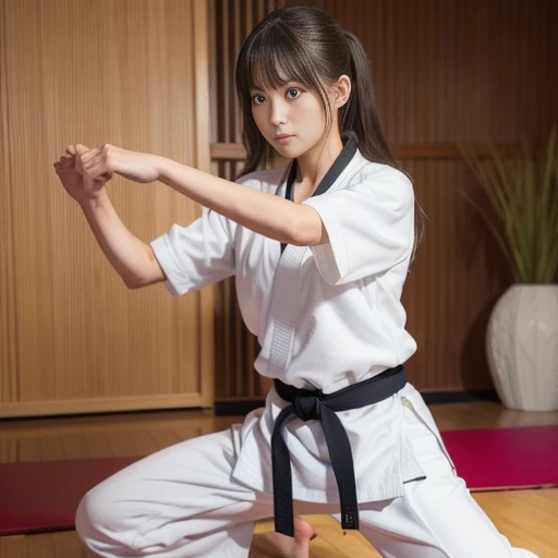 A young Japanese woman in a karate uniform. She has a sharp and concentrated expression. She holds her right fist out towards the camera. Realistic and high quality photo.