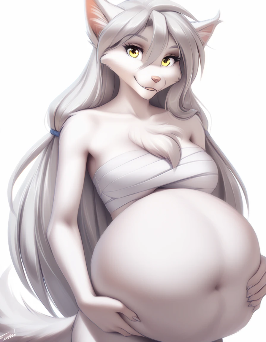 solo, tkraine, wolf, yellow eyes, silver hair, white fur, raine_silverlock, twokinds, personalami, rating:safe, white background, white_background, female, big breasts, chest_wraps, wraps sit throat Vore large belly inside Trace human male belly 