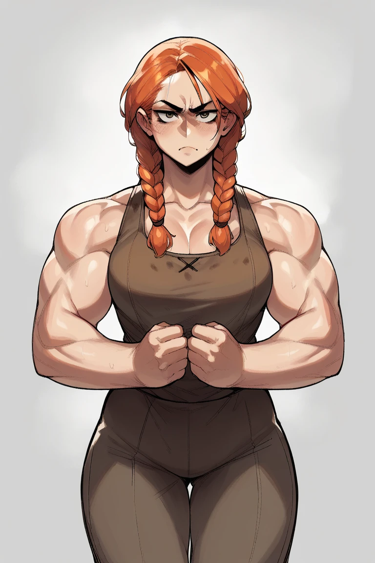 Abigail, braid, blue eyes,   looking at viewer,  full body,  smirk,
standing,  black crop top, sleeveless,  flex, 
bunker, pantsed
(insanely detailed, beautiful detailed face, masterpiece, best quality),
 