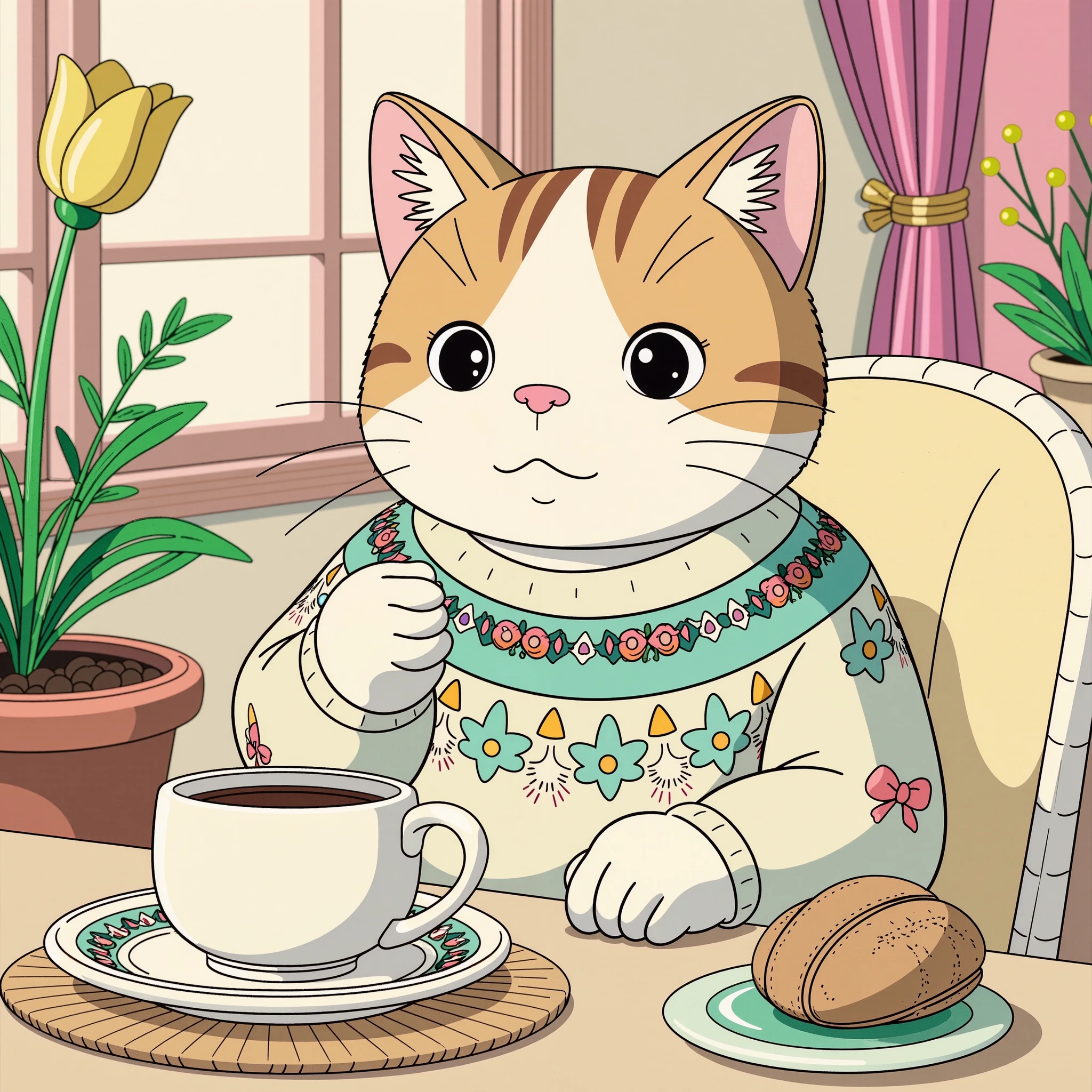 A line-art drawing of a cute cat drinking coffee in his cozy, cute home, while wearing a cute embroidered wool sweater, with well-defined lines. Sanrio style, 70's kawaii