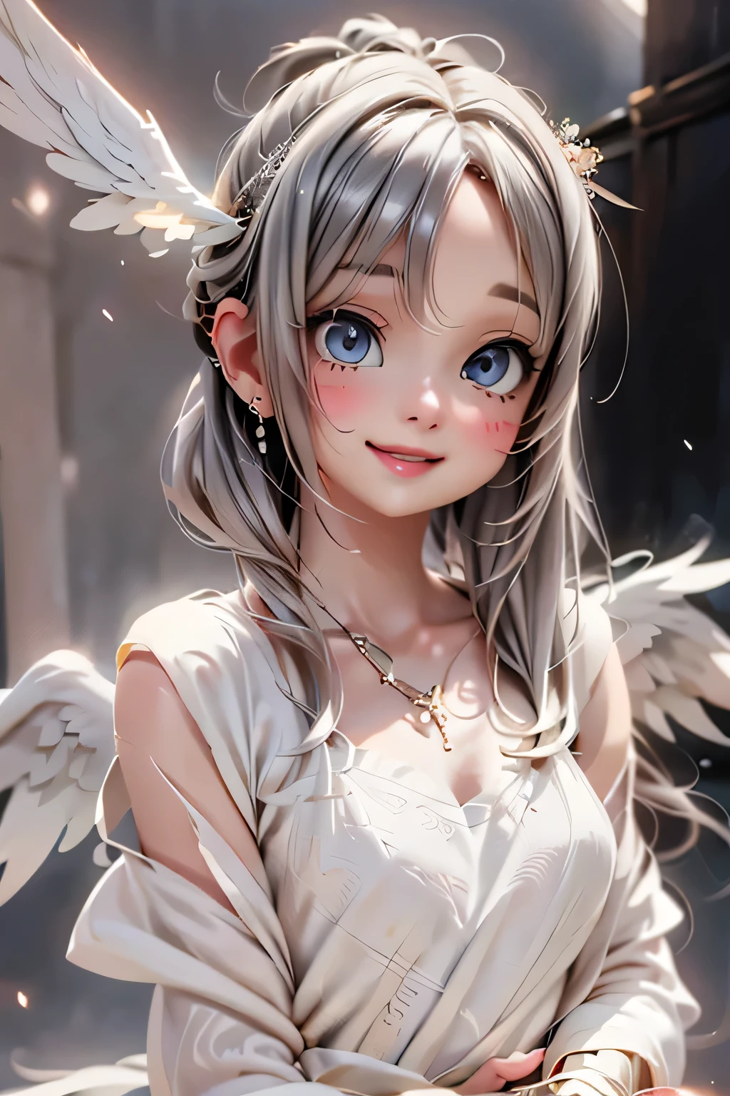 // Close up pose_ up,
// Style Medium chest, Ancient Greek Dress, angel wings, Beautiful detail skin , ( is cute :1.2), ( silver hair), ( some values may need to be tweaked ), Soft light, Lens Glow,
// Smile featured, Floating Hair ,
// Character movie scene, movie, full color , 4K, 8k, 16k, RAW photo, Masterpiece, Professional color grading , Professional Photography,
Female angel, hair up, consider,(, open your mouth)1.3, Soft clean focus, Realistic lighting and shading, (Very delicate and beautiful art)1.3, elegant , active angle, dynamic pose,
// fashion
( silver hair), white ( angel wings), (Shining Wings), silver necklace, silver earrings, Sparkling Eyes, Inherent hairstyle, Soft ( blue eyeshadow),
// Quality
RAW photo, portrait , best quality , high resolution,
// 特徴
Ancient Greek Dress,
