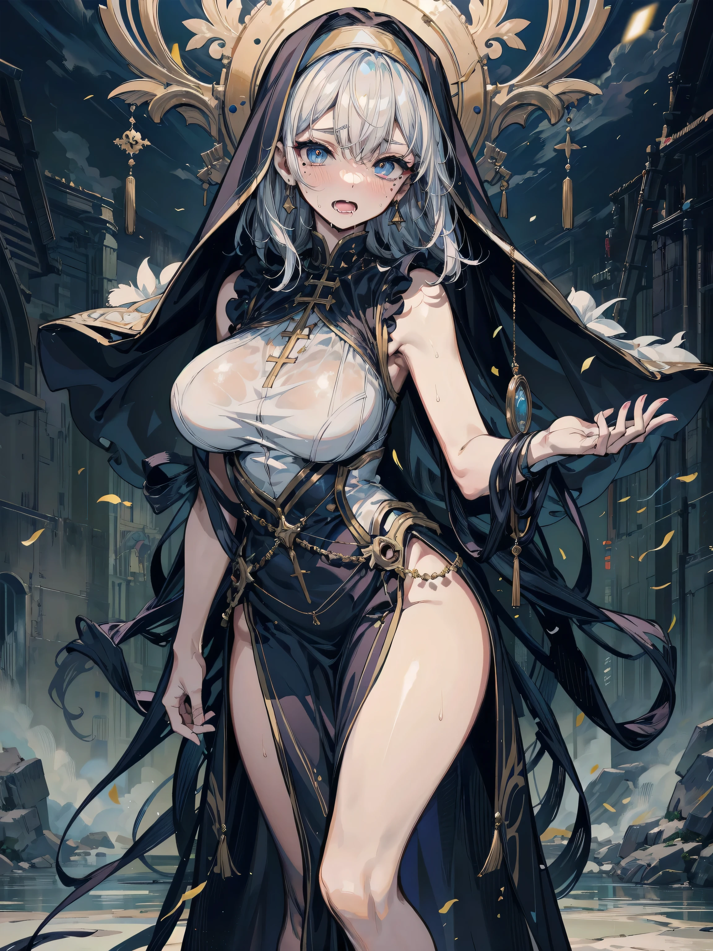 ((best quality)), ((masterpiece)), (detailed), 1girl, Character design, female, dynamic poses, long white grey hair, grey white eyes, very skinny, detailed, best quality, no accesoires around the neck, no shoes, prominent collarbones, skinny arms, flat stomach, visible hip bones, full body, blank white background, plain background, white background, red and white clothing, Bloodborne inspired, occult aesthetic, occult, detailed and intricate steampunk and detailed gothic, NSFW, Very dramatic and cinematic lighting, cosmic horror, grim-dark, side-lighting, perfect face, NSFW, Fluttering lace flared long knee length dress with frilly petticoats, knee length dress, pleated petticoats, petticoats gothic, complex lace boots, side-lighting, gothic aesthetic, wielding a mighty sword with mechanical components, mandalas, a fairy, various different types of insect wings, NSFW, full body, whole body, body, plain background, white background, blank background, no background, white background NSFW, chains, full body, whole body, head-to-toe NSFW