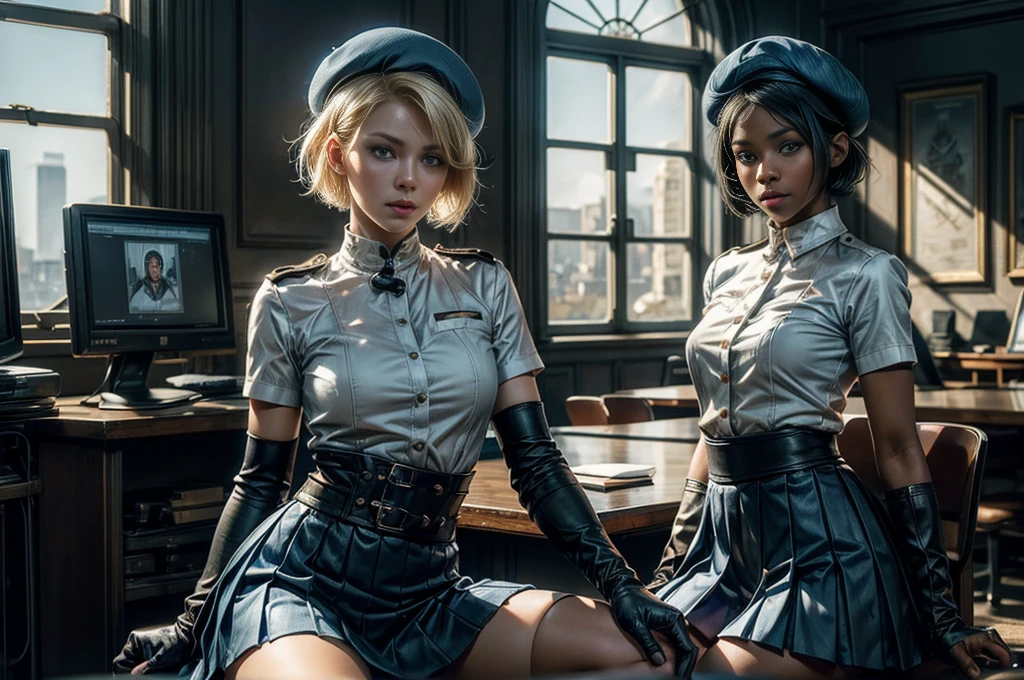 One girl (a black girl, with a long hair, she has freckles and has big lips, sexy that shines with its wn ligth, shes wearing a soviet uniform and a soviet cap) being huged by the back by another female (she is latina and has a tan akin, with a darker tone, she has a mullet hair ans wears a soviet uniform, with a soviet cap, the cap has little horns coming out of it, she has female muscles,she is tall) they are siting in a wasteland room, the ligth of the room is purple, the camera angle is below