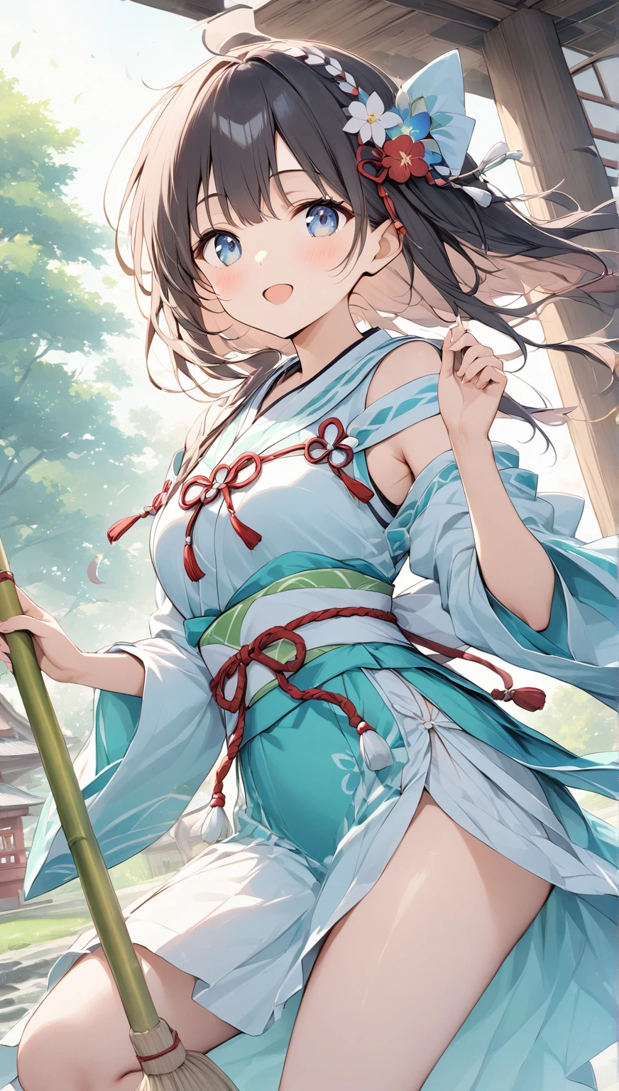 Highest quality, masterpiece, High resolution, alone, {Mount Hiei_Fleet Collection:1.15}, オレンジ色hair, hairband, headgear, Non-traditional_Shrine maiden, smile, green_eye, Inverted up_hair, smile, One Girl, dependent_sleeve, green_skirt, Plaid, Plaid_skirt, ribbon-trimmed_sleeve, ribbon_trim, skirt, Office Background,
