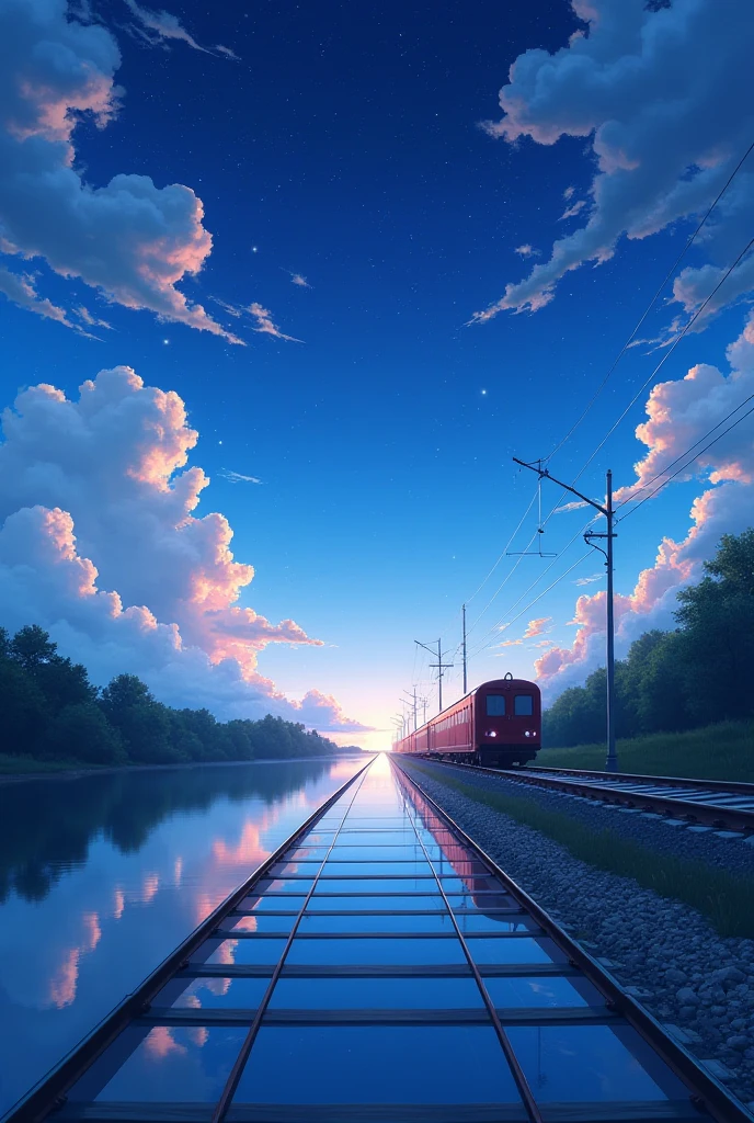 High-quality masterpieces, The landscape, clouds, Anime Train Passing Water on Distant Railroad Tracks, Bright starry sky. visitor, Romantic lights, pixiv, concept-art, Loepfe Art Style, Reflectors. Shinkai sincerely, Trophy Art , beautiful anime scenes, Anime landscapes, Detailed view — width 672, Shinkai sincerely's style, Shinkai sincerely's style, Enhance details.