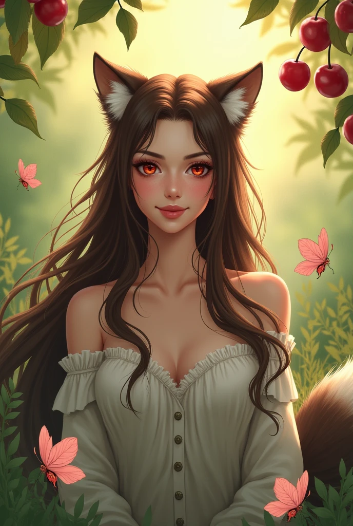 Masterpiece , Best Quality , 1girl, Solitary, A slight smil, A slight smil, cherrie, sun mottled , butterflys, grass animal ears,Wolf ears,long hair, coda, wolf coda, red eyes, wolf women, brown hair ,,