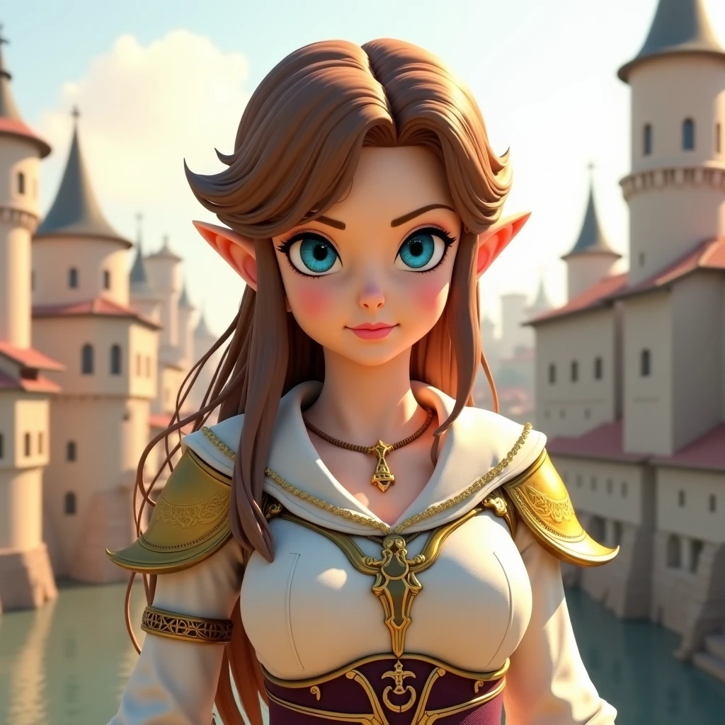 Princess Zelda , brown hair , Blue Eyes, dressed as 《assassins creed》Assassins in , white colors+golden colored,配white colors面具和golden colored细节的头巾, XL bust , using wrist blades . Background with: Renaissance city. Unreal Engine 5, Japanese cartoons, Japanese cartoons style, Masterpiece , Well drawn eyes, Very well drawn face, very detailed eyes , Rich facial details, 8 thousand, light and shadow effect.