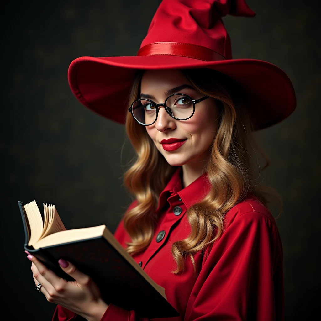  woman in a red hat and glasses holding a book,silber hair,she wears harry potter glasses, Maya Ali as morality&morality sorceress, holding a spell book,  dressed as a witch , morality&morality magician,  wearing a red wizard hat .