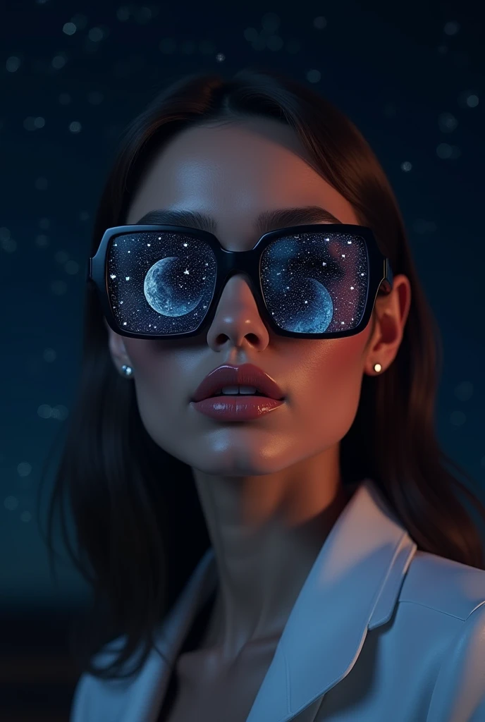 Model wearing glass sunglasses，There are stars and moon on the lens