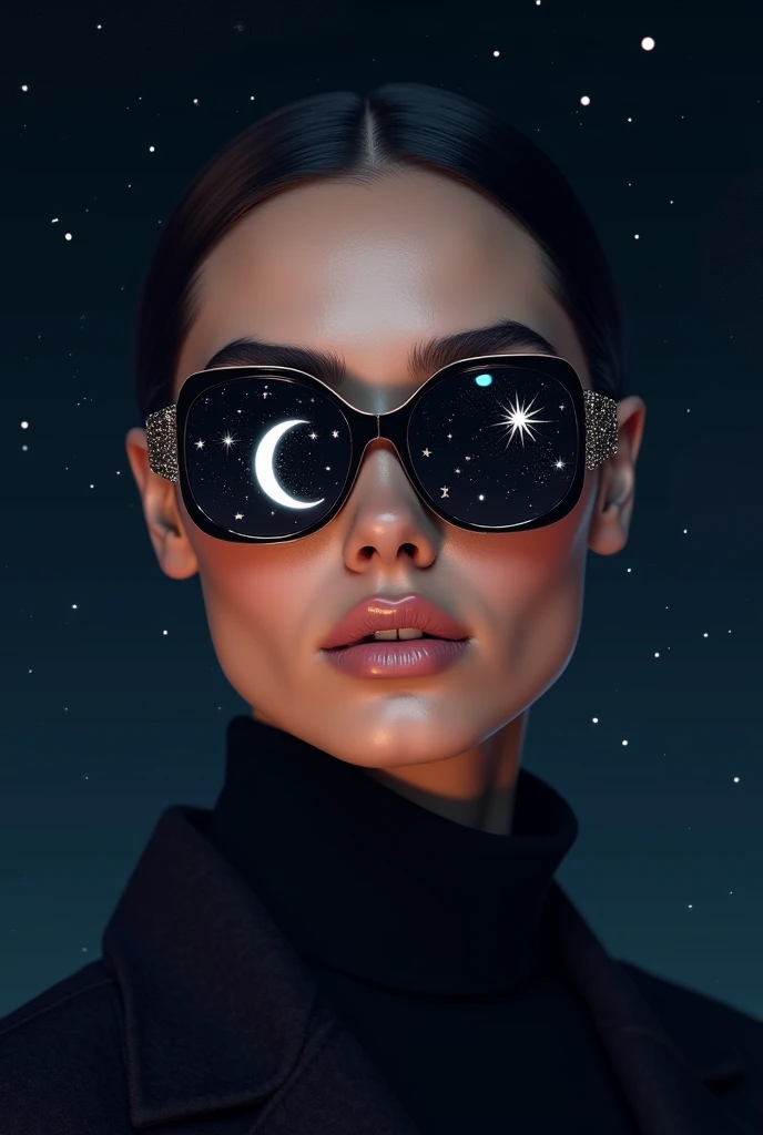 Model wearing glass sunglasses，There are stars and moon on the lens