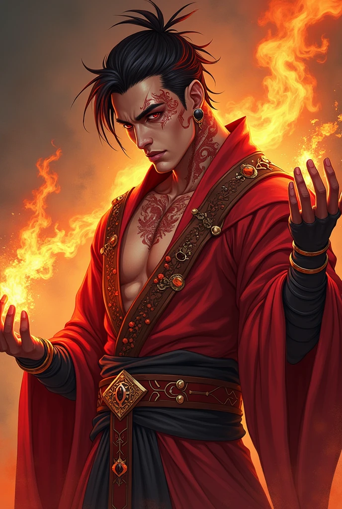 1 Middle aged man with black sclera and red iris wearing wuxia style clothes