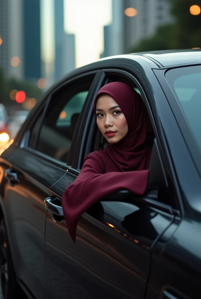 Woman in pink hijab in car with plump lips and big eyes looking at camera while camera is inside car and she is not smiling