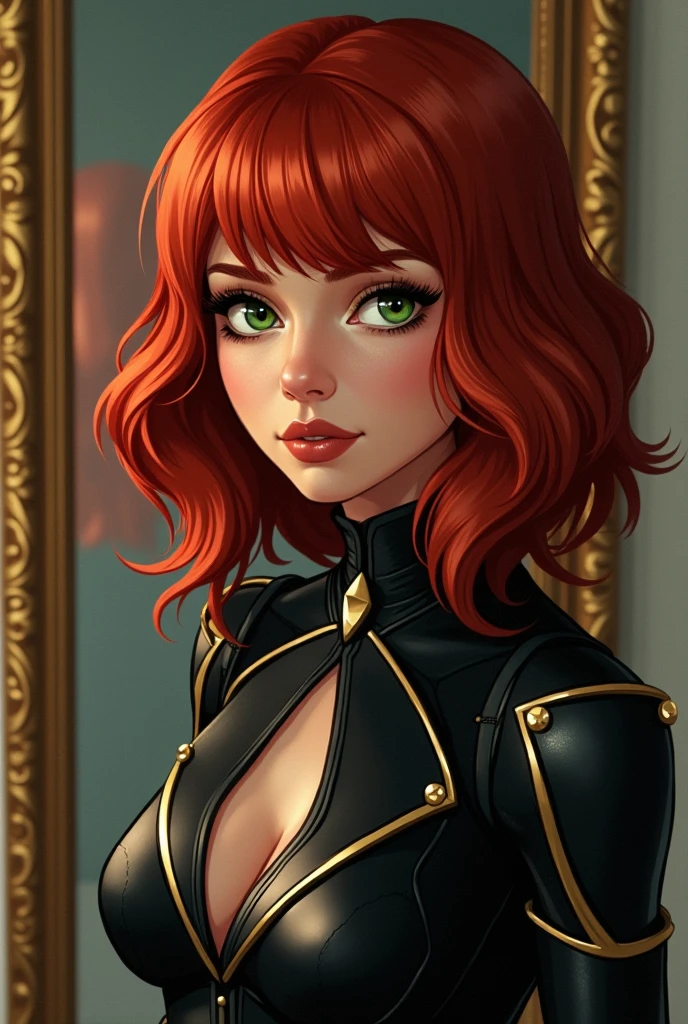 (high-level image quality), (high quality), (high resolution), (detailed), (masterpiece), beautiful woman, ((caucasian)), green eyes, red hair, short hair, dark red lipstick, slender body, perfect eyes, Detailed face, black plain dress
