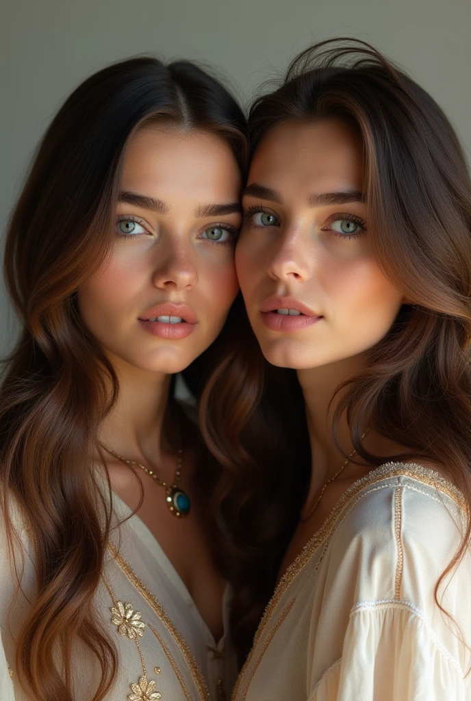 (Best quality, Ultra High Quality, high detail, Beautiful, Slim:1.1), 2 girls with sexy looks, Charming eyes, juicy lips, glamor poses, Fashionable fashion, bright colors, professional photography, Stunning backgrounds