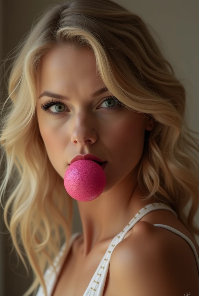 ((best quality)), (detailed) Platinum blonde woman with curly hair and blue eyes (who masturbates with a pink sex toy)