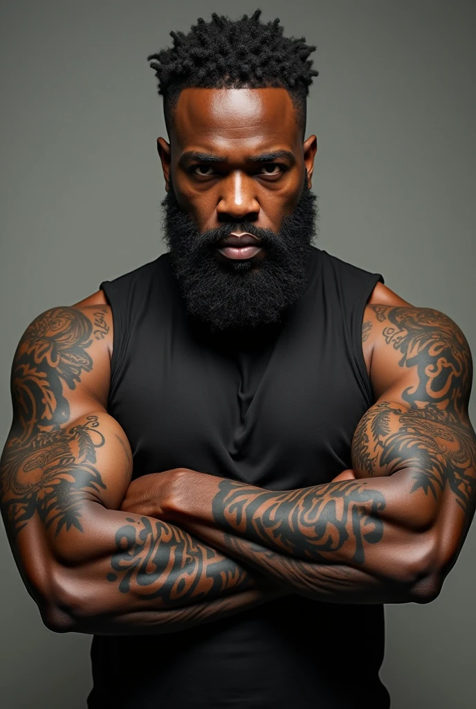 Tall black man MMA fighter has tattoos on stomach and arms he is very strong and has bright hazel eyes he has a beard with facial hair a d he standing in fighting stance. Little more slim build. Bigger nose and bigger lips has tattoos on the abdomen