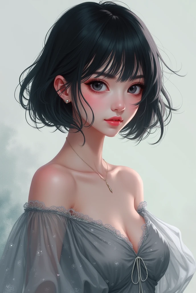 Young woman with feminine features and serious expression, He has black hair, slightly wavy and loose cascading down, with some strands falling around her face. His skin is clear, with subtle freckles on her cheeks and her grey eyes, thick lips .She wears a black dress, lace and V-neck, which gives it an elegant touch that highlights her large bust. She wears a thin necklace*drawing*