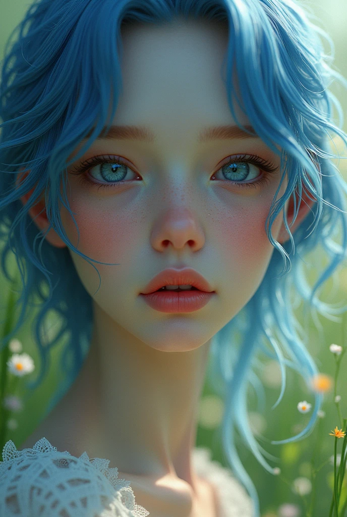  Close-up of the best masterpiece :1.5)0.9], (meadow:1.2) ( Loose blue hair:1.1) ( heterochromia : blue and blue eyes :1.2)  (Shining light:1.1) (full lips:0.9)