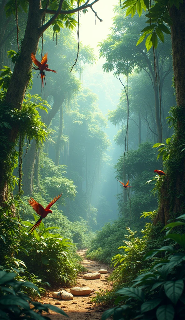African rainforest,bird's eyes view,Hyper-realistic style,There are wild animals in a hyperrealistic style