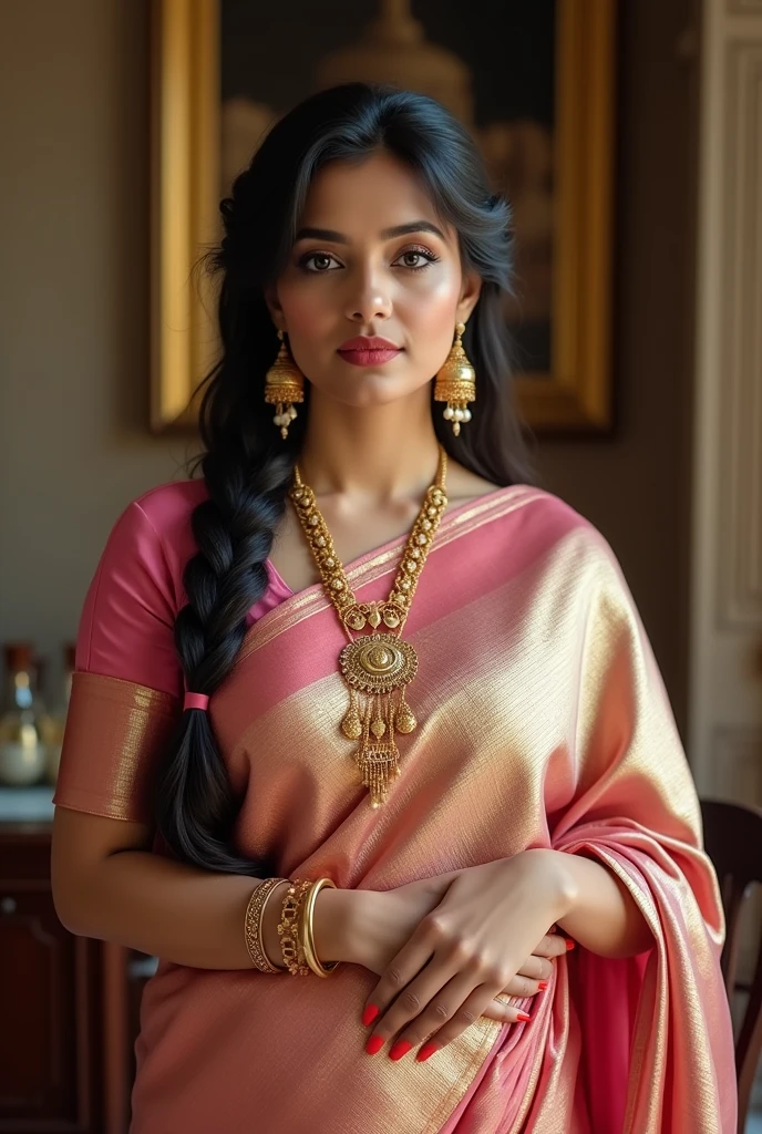 a close up of a woman wearing a white sari and gold jewelry, wearing gold jewellery, traditional beauty, traditional female hairstyles, wearing elegant jewellery, heavy gold jewellery, traditional makeup, gold jewellery, photo of a beautiful woman, wearing jewellery, very attractive and beautiful, closeup portrait shot, very beautiful enga style, golden jewellery, a beautiful young woman, indian