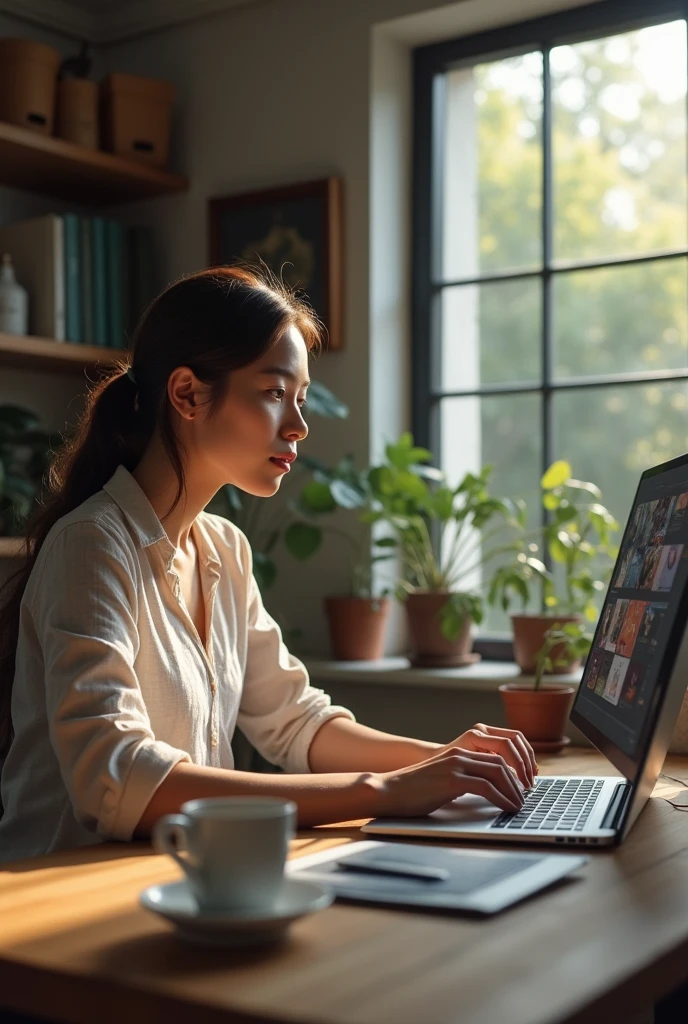 A young woman working in an office with half-closed shutters , The girl is typing on a computer