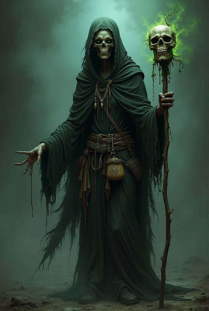 (photorealism:1.2), necromancer, arms outstretched, scepter, Epic Pose, bald head, crazy eyes, shark teeth, smile, ragged robes, scars, golden skull necklace
