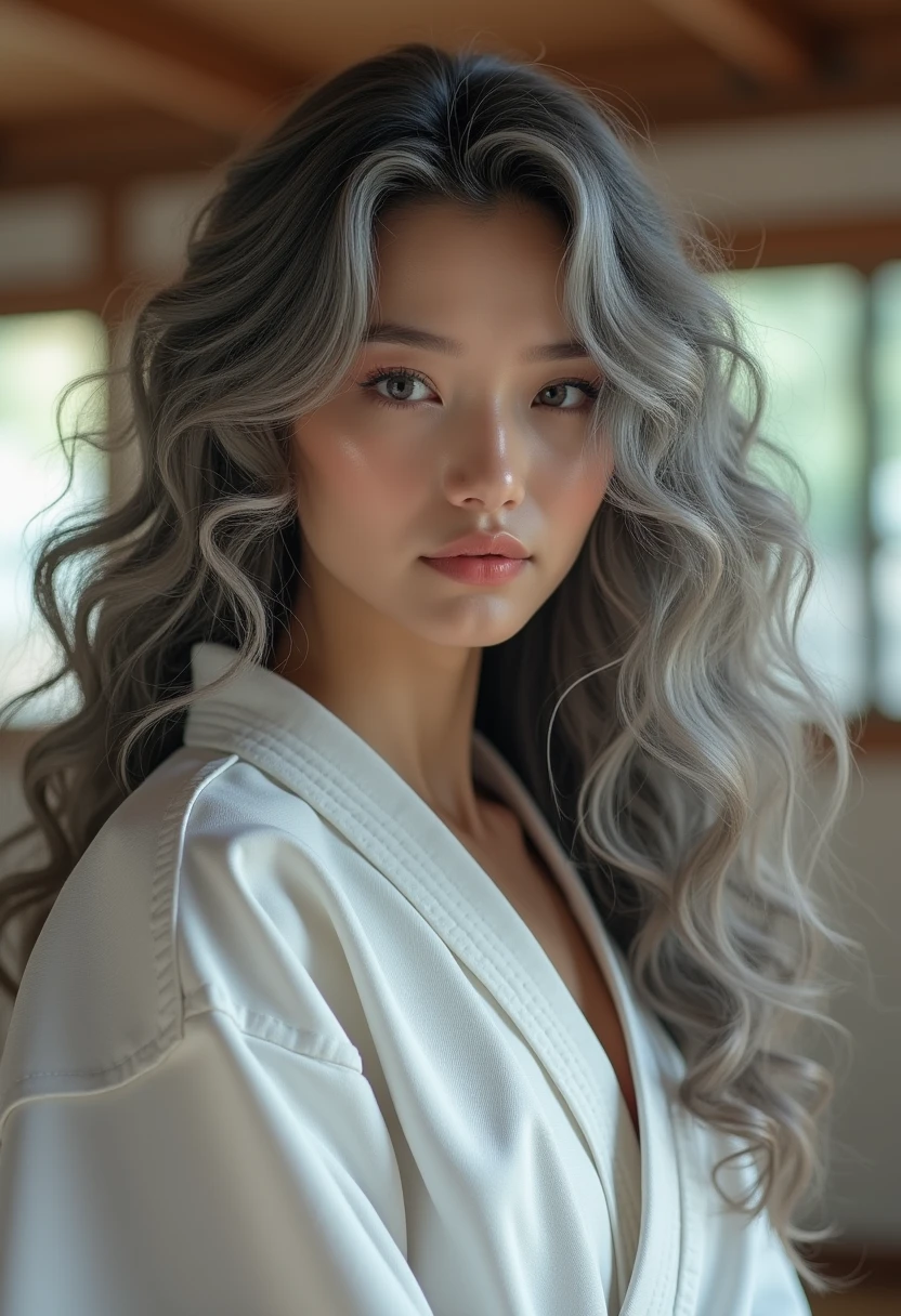Extremely photorealistic beautiful youthful looking Japanese version of Erika Sawajiri a  beautiful youthful looking Asian as a 50 years old wom an supermodel long curly comple tely gray hair in a big curls styles her graying hair complements her mature yet youthful appearance she may be 50 years old but she look li ke a 25 year old with her long curly gray hair graying as a Hot 50 year old woman masterpiece, wearing a karate wear Karate gi and Demonstrating a karate punch in a karate room to her youn ger black haired high scho ol age 18 year o Id boyfriend with short b lack hair he is wearing a polo shirt that is a high school uniform standing next to her pictures from a distance and full body
