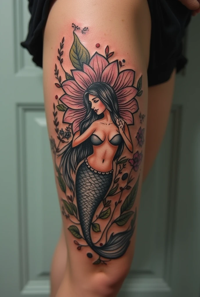 Entire body of Mermaid woman trapped inside a glass bottle full of water. huge breast covered by flowing hair, one is hand bracing on hip while the other hand is running fingers through hair on head. Head turned to the side. Chest facing up. Back arched. Tail flows along the perimeter of the glass.